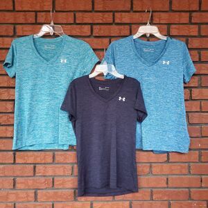 Under Armour Heatgear V Neck T Shirt Womens S Lot of 3 Loose Blue Athletic